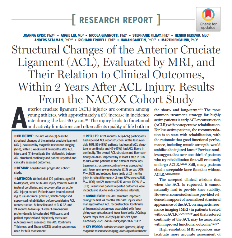 JOSPT's tweet photo. "After an acute ACL injury, the ligament can regain continuity that is associated with better knee stability"

Some of the findings from our March #ResearchReport on #ACL healing in non-surgical patients

Read the full report ➡️ https://t.co/LHSI5El4B5

#yourJOSPT #Rehabilitation https://t.co/t9uoFeKA92