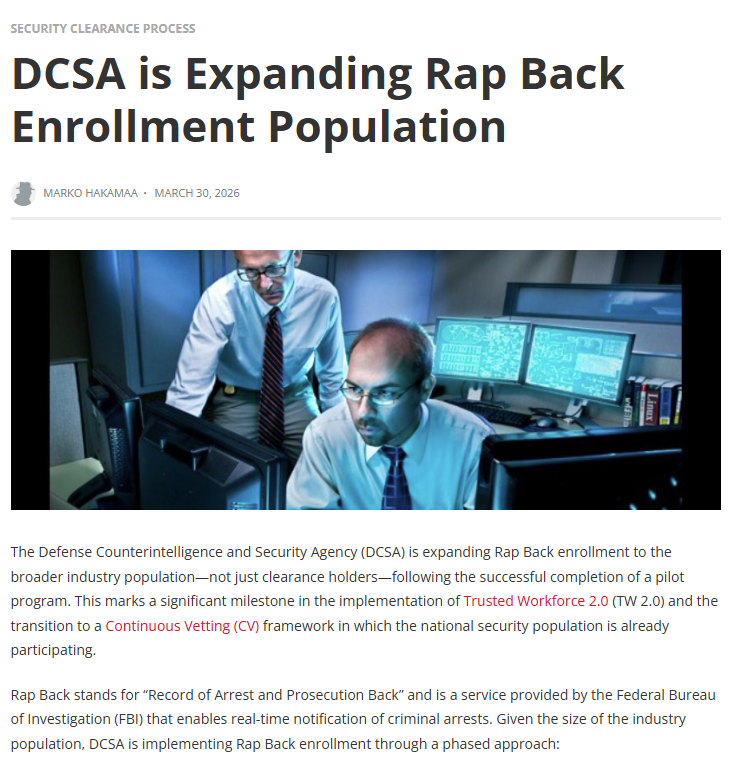 secretsquirrel's tweet photo. @DCSAgov is expanding Rap Back enrollment beyond clearance holders to the broader industry population—a major step forward in Trusted Workforce 2.0 + Continuous Vetting. Learn more: https://t.co/AMYWJZWTYD

#NationalSecurity #TrustedWorkforce #ContinuousVetting #DCSA https://t.co/9SV1HEpCtT