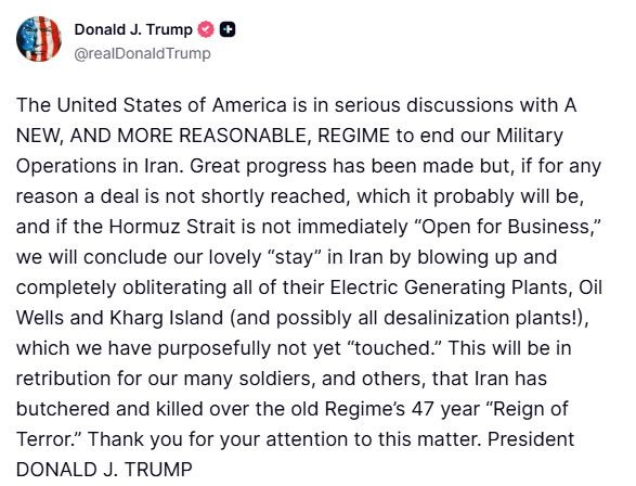 Cryptorickson's tweet photo. 🚨Breaking: TRUMP SAYS GREAT PROGRESS MADE IN TALKS WITH IRAN.

TRUMP THREATENS IRAN ENERGY SITES IF HORMUZ STAYS CLOSED
#Trump #Iran #Crypto #News https://t.co/cCPMnohJ6T
