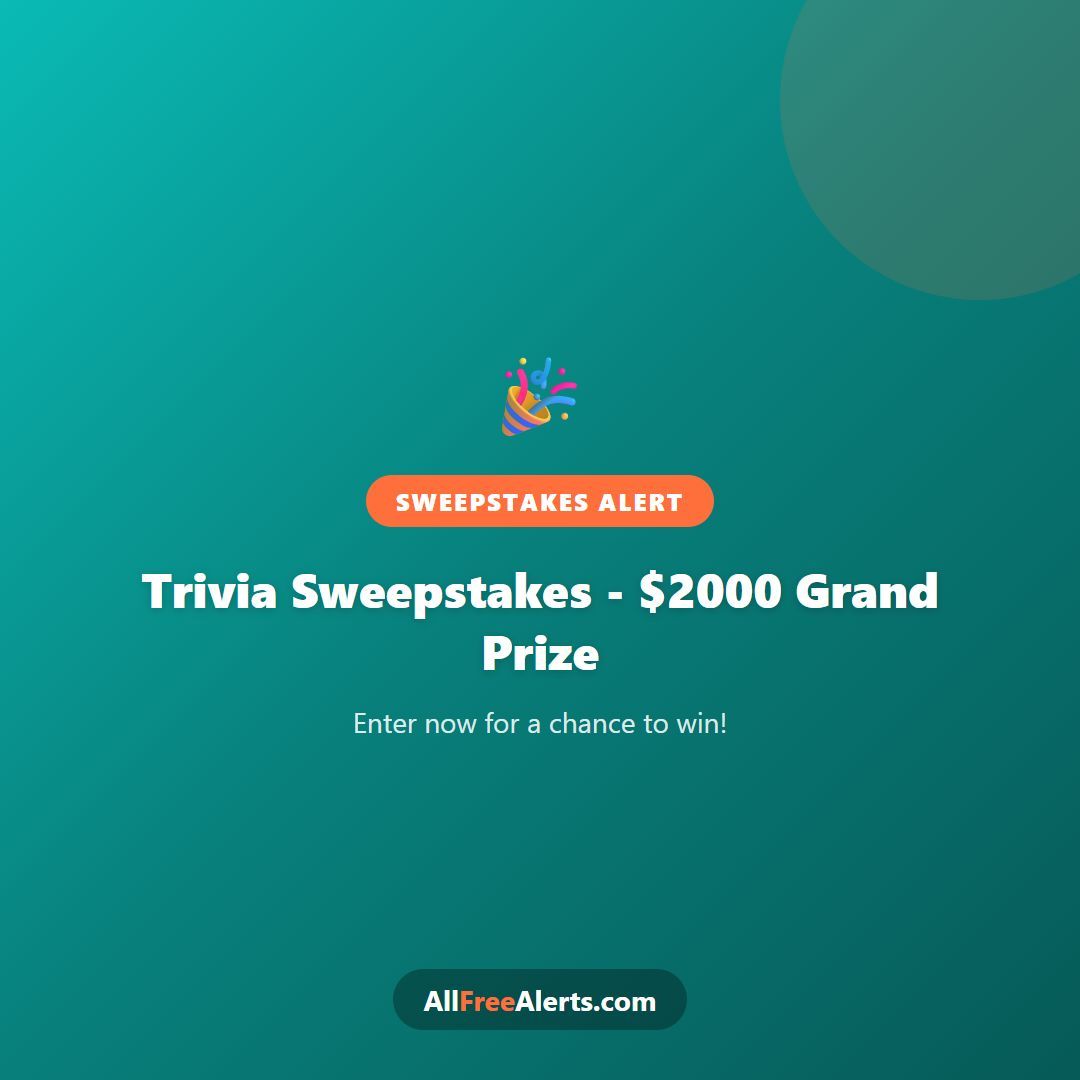 allfreealerts's tweet photo. 🎉 SWEEPSTAKES ALERT

Trivia Sweepstakes - $2000 Grand Prize

Enter now for a chance to win!

👉 https://t.co/cDLdh7xRD6
📘 Like us on Facebook for extra finds!

#sweepstakes #giveaway #win #free #allfreealerts https://t.co/WwOXRNrrWJ
