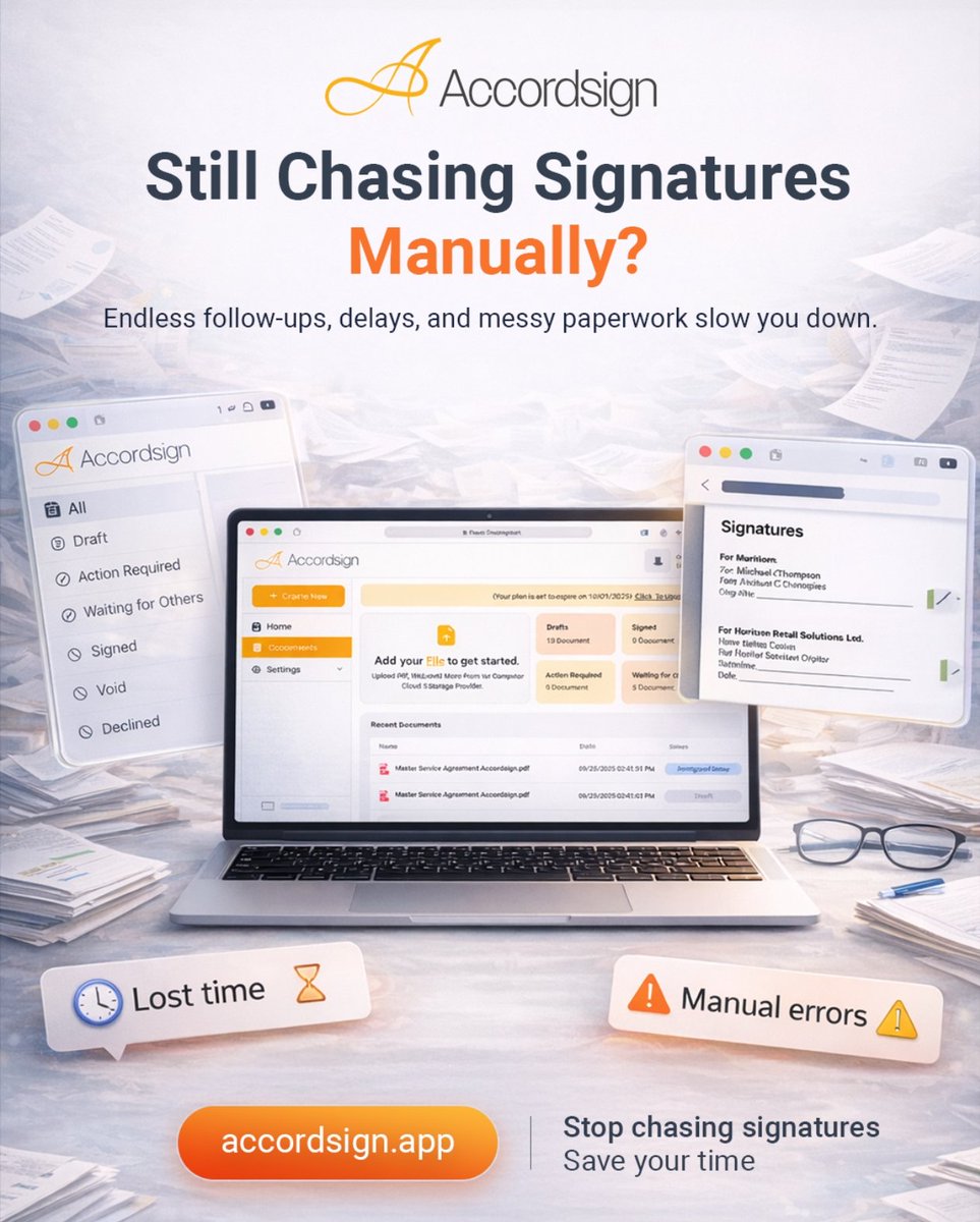 SeedDataSystems's tweet image. Still chasing signatures manually?
Stop the follow ups.
 Start using Accordsign.
Get started 👉 accordsign.app
#Accordsign #eSignature #SaaS