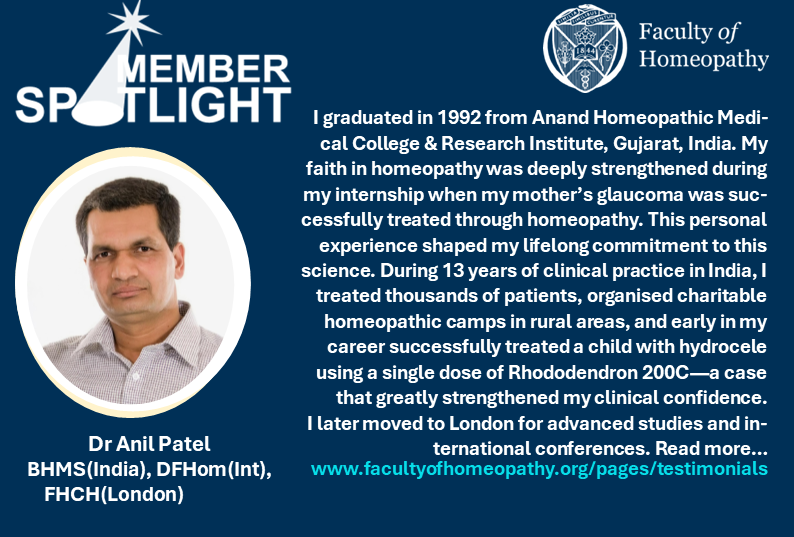 fohhomeopathy's tweet image. If you were at the Faculty AGM on Thursday 19 March then this week’s Member in the Spotlight, Dr Anil Patel, may look familiar. Anil was awarded his DFHom(Int) certificate in person at the Faculty AGM in London. Read more: facultyofhomeopathy.org/pages/testimon… @ambicaclinic #homeopathy