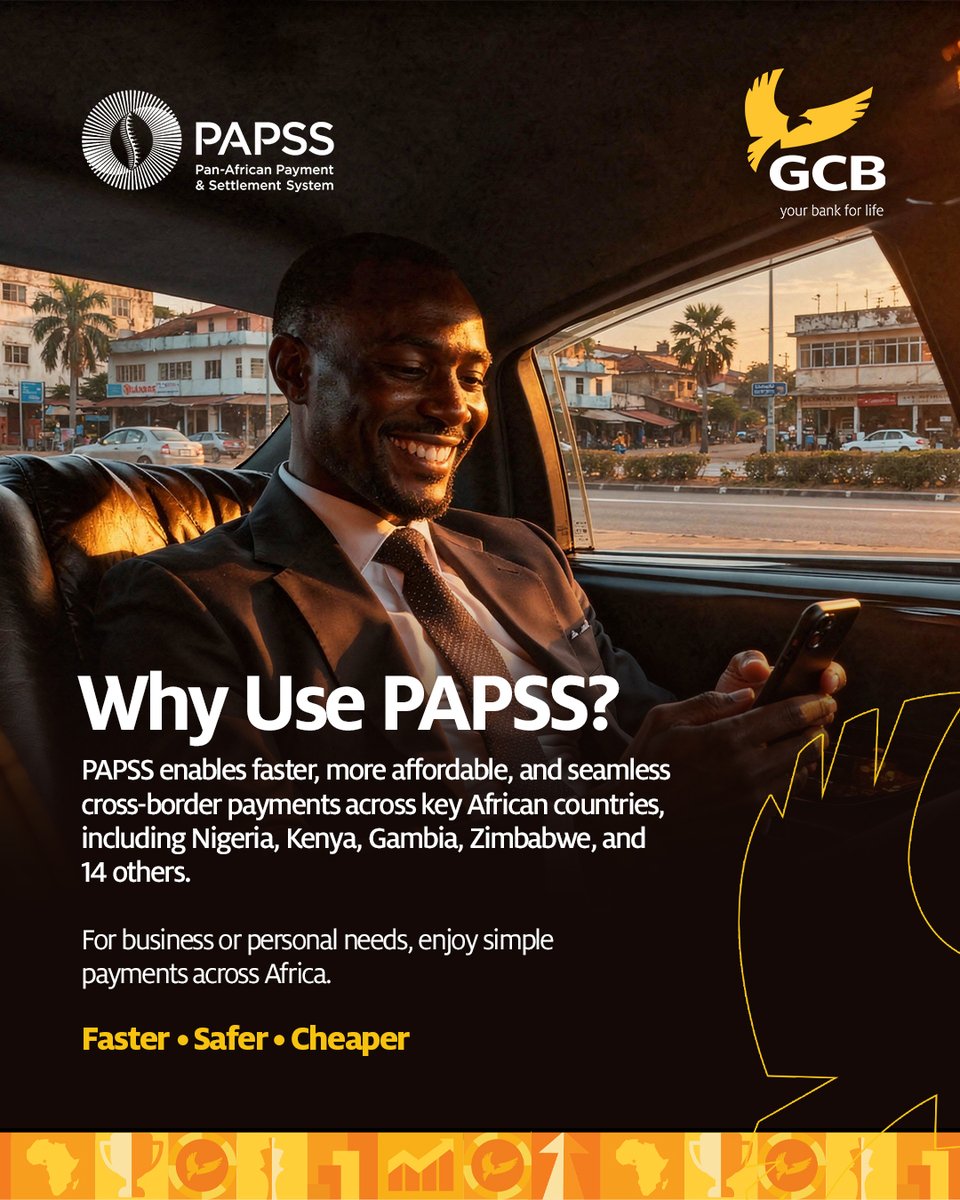 GCBBankPLC's tweet image. Go beyond borders with ease 🌍
Send and receive money across Africa faster, safer, and more affordably with PAPSS on GCB.

Seamless payments, wherever business takes you.

#GCB #PAPSS #CrossBorderPayments #Innovation #GCBCares #YourBank4Life