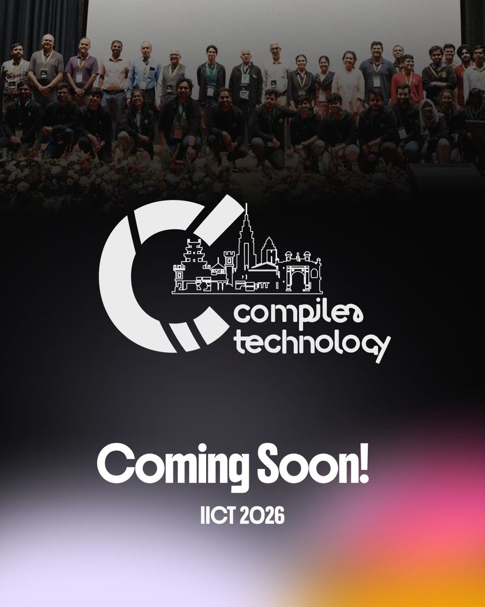 ashpande18's tweet photo. The Innovations In Compiler Technology (IICT - @compiler_tech) workshop is back for its third edition in 2026!

IICT brings together academics, industry experts, hackers and students all under one roof to share bleeding edge developments in the space of compilers and programming languages.

If you’re new to Compiler Engineering, Compilers power a whole lot of technologies that form the backbone of critical systems : Android NDK, Postgres, Swift, Clang, Rust, Julia, Tensorflow XLA, XCode etc. All are powered by the LLVM ecosystem. On the other end, GCC powers everything from embedded systems, to the Linux kernel and tools like GDB.

The 2025 edition of IICT was held at @iiscbangalore and saw over 400 attendees. In 2025, we introduced the #segfault hackathon, the first compiler themed hackathon in India. We had 21 talks and 6 hackathon presentations across 2 days, and the event was sponsored by @nvidia, @Google, @Qualcomm, Quadric, @cdacindia and supported by @TheOfficialACM!

Last year’s talks are available on YouTube : https://t.co/kXaoblEAq8

IICT is one of the only places on earth where you can meet some of the people that build, maintain and advance the field. There’s nothing like it in the world :)

Looking forward to sharing more in the next few days!

#iict #llvm #compilers #gcc #rust #julia #cplusplus