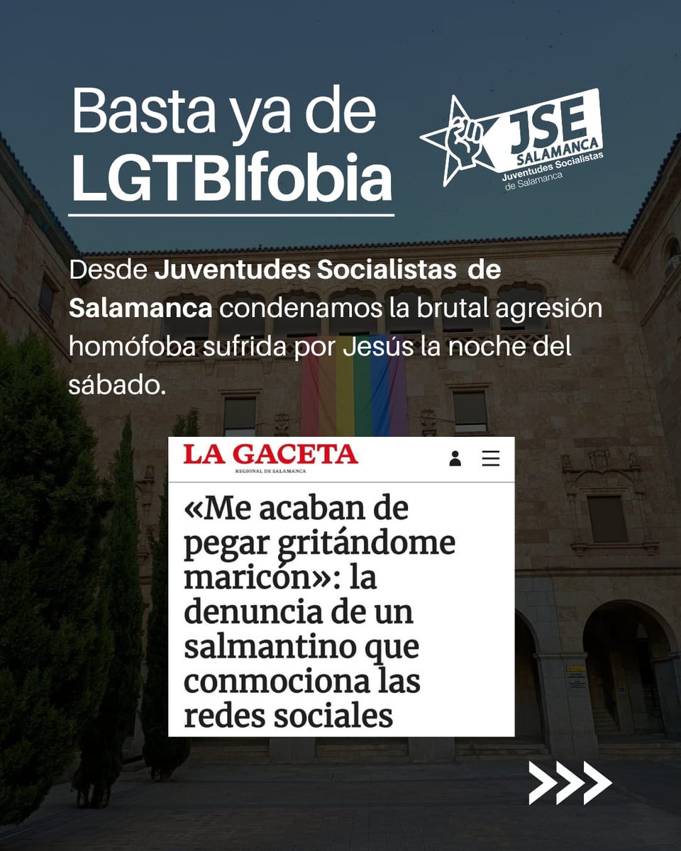 jse_salamanca's tweet photo. ❌ Condenamos la brutal agresión homófoba a Jesús.

La orientación sexual, la identidad o la expresión de género no pueden seguir siendo factores de riesgo para salir a la calle en Salamanca.

Basta ya de LGTBIfobia

¡NI UN PASO ATRÁS! 🏳️‍🌈🏳️‍⚧️ https://t.co/AGbeaa1C3P