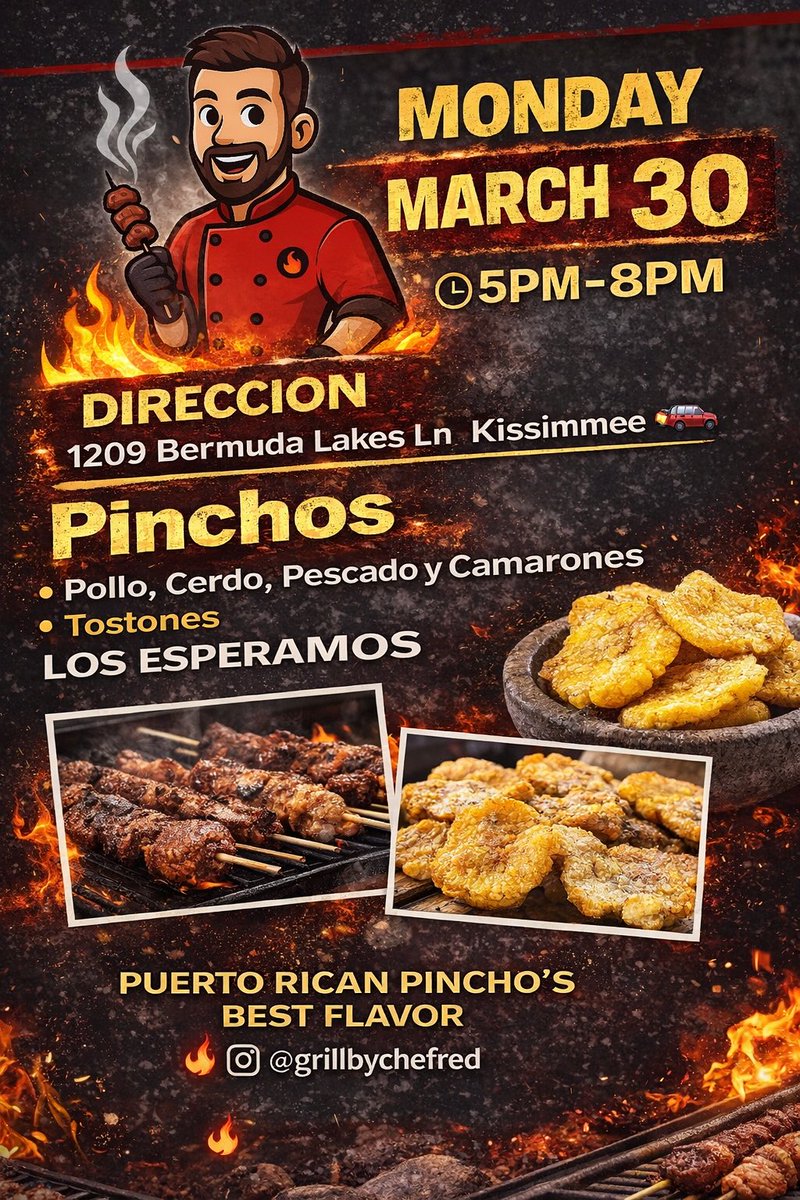 The_Hamilton_FL's tweet image. Chef Red is here today serving his famous pinchos! 👨‍🍳🍡🍢 No Money cooking calls for an easy dinner! Join him at 5pm today, March 30th. @grillbychefred #chefred #pinchos #kissimmee @The_Hamilton_FL