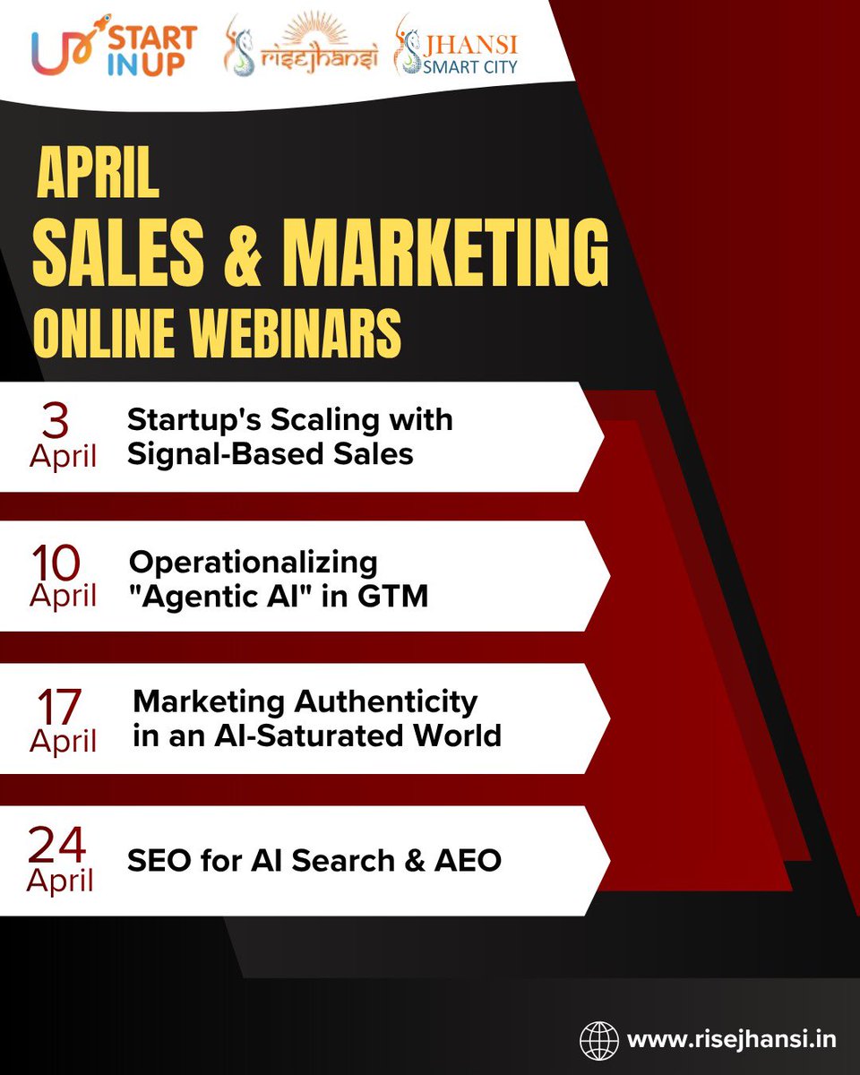 RiseJhansi's tweet image. Stop using yesterday’s tactics.
Join RISE Jhansi’s Sales &amp;amp; Marketing webinar series this April.
Learn. Adapt. Grow.
#SalesAndMarketing #RISEJhansi #StartupGrowth #IMGlobal #incubationmasters