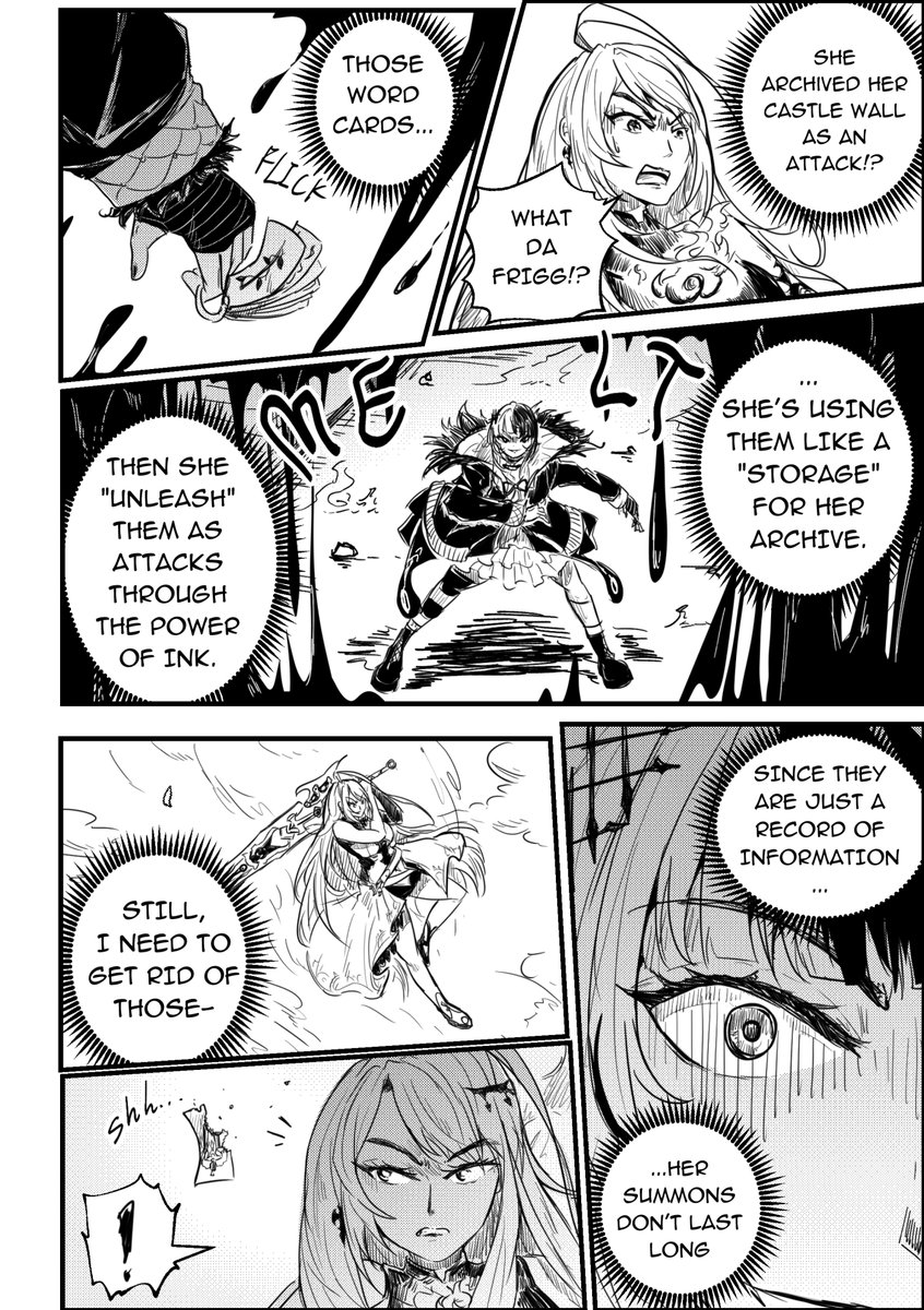 Lavendulan's tweet photo. [Fan manga] #JusticeVSAdvent page 14-15.  
(Read right to left)

Master of ink👁‍🗨
Master of flame 💄
#BloodflameArt #ShiorinSketch #holoENlore #HololiveEN #holoJustice #holoAdvent https://t.co/Pz1Uadzxyd