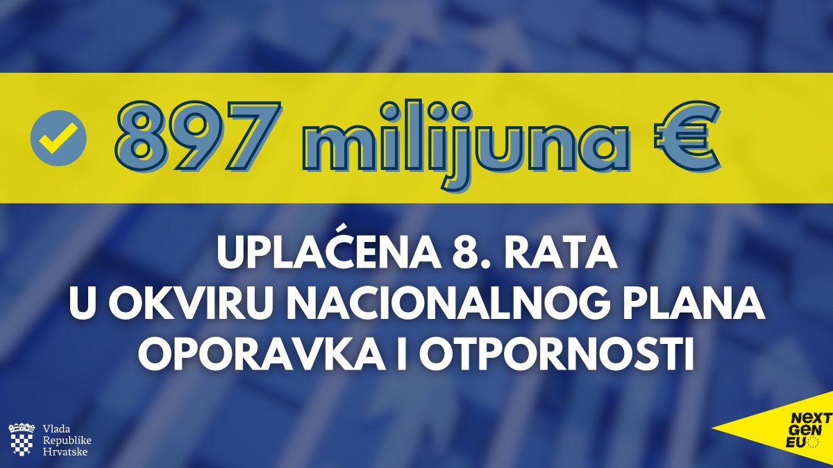 Hrvatskoj je isplaćena 8️⃣. tranša iz Mehanizma za oporavak i otpornost u iznosu od 897 milijuna € iz <a href="/EU_Commission/">European Commission</a>, nakon ispunjenja svih 17 reformskih i investicijskih pokazatelja ❗

Do sada je ukupno isplaćeno 7,3 od 10 milijardi € u okviru #NPOO 🇭🇷🇪🇺, a Hrvatska je jedina