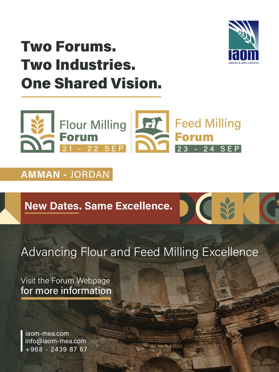 📢 Important Update!

The IAOM MEA Flour &amp; Feed Milling Forum has been rescheduled to September. We look forward to bringing the industry together for valuable discussions, knowledge sharing, and networking with leading milling professionals.

#IAOMMEA #FlourMilling #FeedMilling
