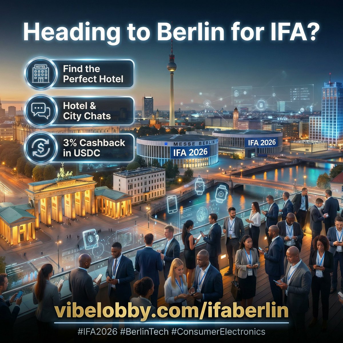 VibeLobby's tweet image. Heading to Berlin for IFA? Don't just book a room, book a network. 🇩🇪🤝

🏨 Find the perfect hotel 
💬 Connect in exclusive Hotel &amp;amp; City chats 
⚡️ Earn 3% cashback in USDC

Book your stay and join the chat today: 🔗 vibelobby.com/ifaberlin

#IFA2026 #BerlinTech