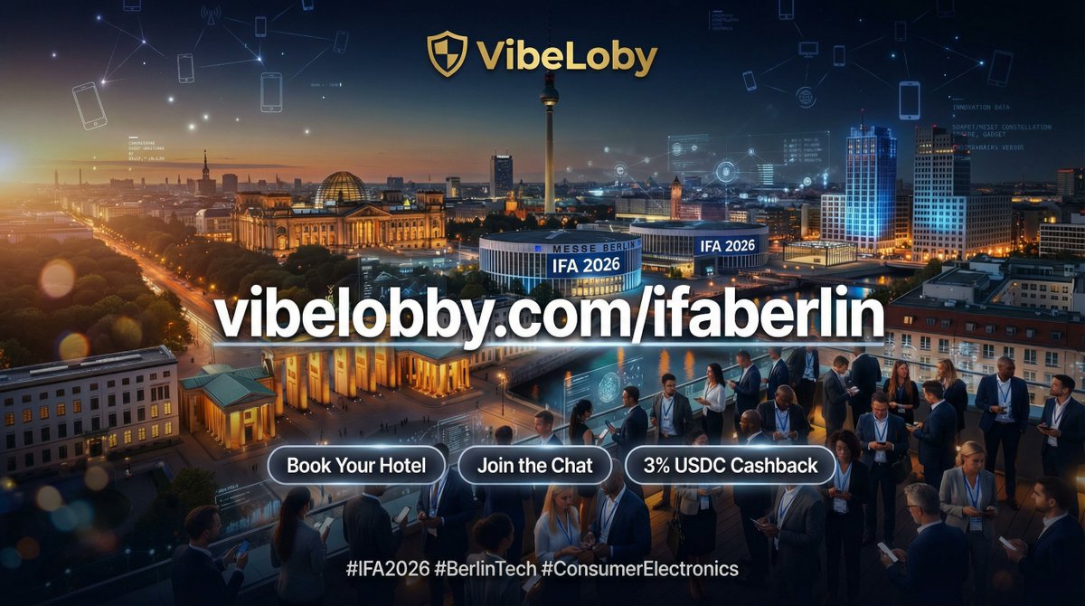 VibeLobby's tweet image. Heading to Berlin for IFA? Don't just book a room, book a network. 🇩🇪🤝

🏨 Find the perfect hotel 
💬 Connect in exclusive Hotel &amp;amp; City chats 
⚡️ Earn 3% cashback in USDC

Book your stay and join the chat today: 🔗 vibelobby.com/ifaberlin

#IFA2026 #BerlinTech