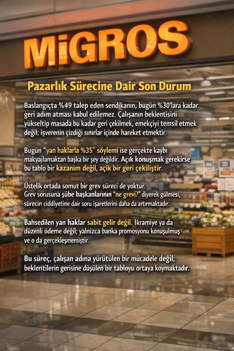 %49 diye masaya oturup %30’a razı olmak mücadele değil, teslimiyettir.
Yan haklarla süslenen %35 söylemi gerçeği değiştirmez.

Bu tablo, emeği savunmak değil; “sarı sendika” anlayışının açık göstergesidir.
#sarısendikatezkop #emekhırsızıtezkop
#migrosişçisi
<a href="/tezkoopissndk/">Tez-Koop-İş Sendikası</a>
