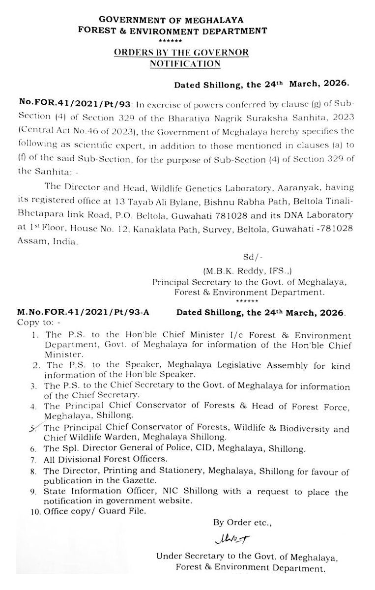 aaranyak's tweet photo. 🎉 Government of Meghalaya recognizes Wildlife Genetics Laboratory (https://t.co/qZbQHptfJV) of Aaranyak in Assam under BNSS 2023

💚The Government of Meghalaya has recognized the Wildlife Genetics Laboratory of Aaranyak under #BNSS2023 - marking the first such recognition in the wildlife sector in the state.  

This empowers DNA-based forensic investigation in wildlife crimes, strengthening scientific policing, evidence quality and conviction rates.  

A major step towards #WildlifeConservation and #ScienceForNature.

#WildlifeForensics #ConservationScience #Meghalaya #Assam #Biodiversity