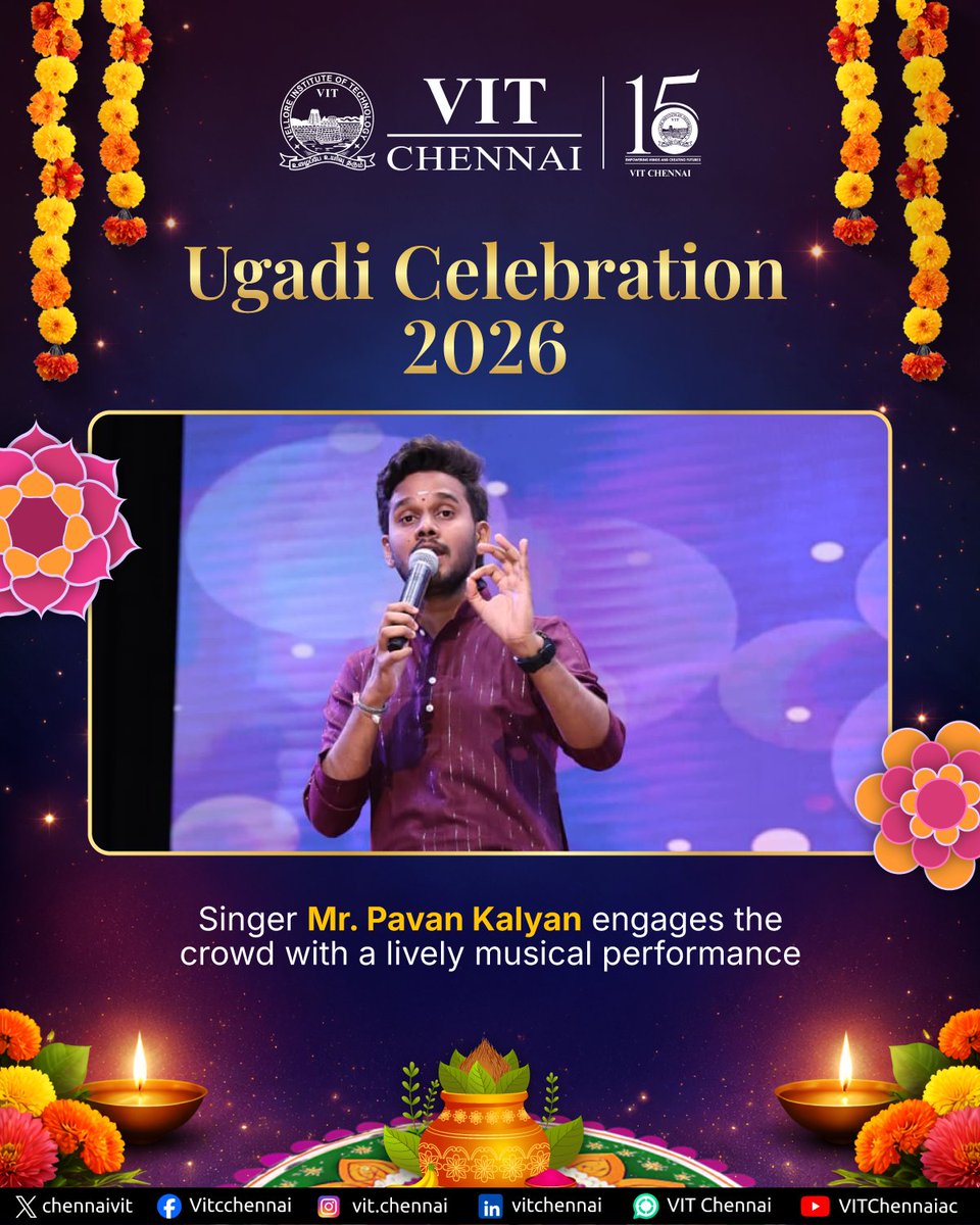 ChennaiVit's tweet image. Festive Spirit of Ugadi 2026!

Celebrated on 29th March at VIT Chennai, the campus came alive with vibrant student performances and joyful festive energy.

The celebration was made even more special with the presence of renowned singers.

#Ugadi2026 #VITChennai #FestiveSpirit