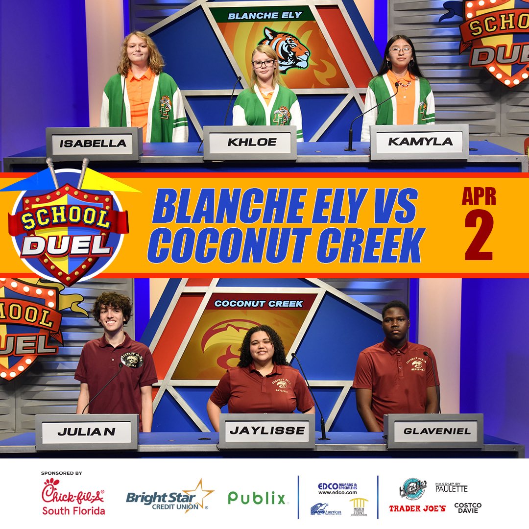 SchoolDuel's tweet photo. 🏆School Duel continues April 2nd!

Blanche Ely High vs. Coconut Creek High takes the stage in Game 6 of Season 16 at 8 p.m. on BECON-TV.

📍Ch. 488 &amp; 19 (Comcast) | Ch. 63 (AT&amp;T, Dish, DirecTV) Don’t miss it. 

Visit https://t.co/Dy33tnPIUM for updates! https://t.co/C5SFmaB5Ab