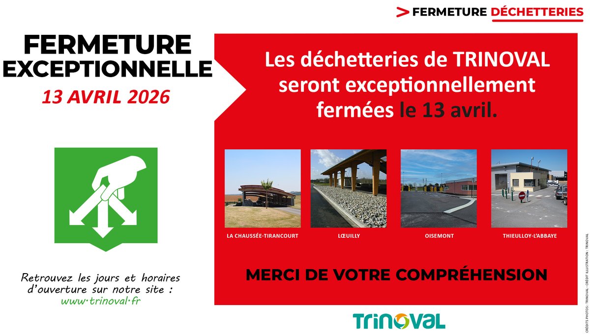 TRINOVAL80's tweet image. [#information à partager – #fermeture des déchetteries]
⚠ RAPPEL - 13 avril 2026 : les déchetteries de La Chaussée-Tirancourt, Loeuilly, Oisemont et Thieulloy-L'Abbaye sont exceptionnellement fermées. Merci de votre compréhension.
 trinoval.fr/dechetteries/