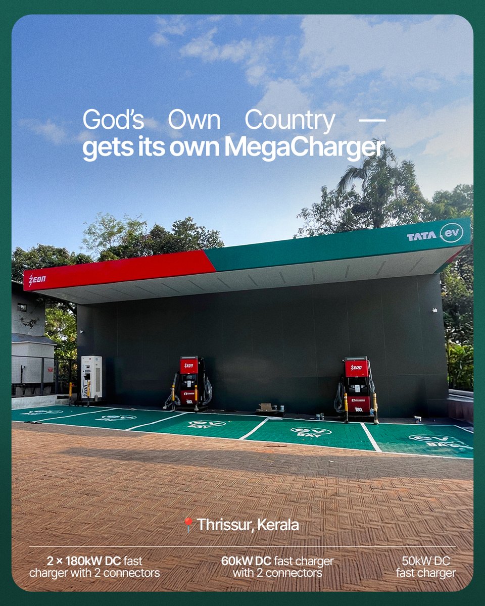 Tataev's tweet photo. The gold standard of EV charging - now in Thrissur, Kerala!

Stop by at Chennai Anandha Bhavan for a quick top up at just ₹5/unit* - a limited time offer, exclusively for TATA.ev owners.

#TATAev #MegaCharger #MoveWithMeaning #ChargingEcosystem https://t.co/VoIFADtzhU
