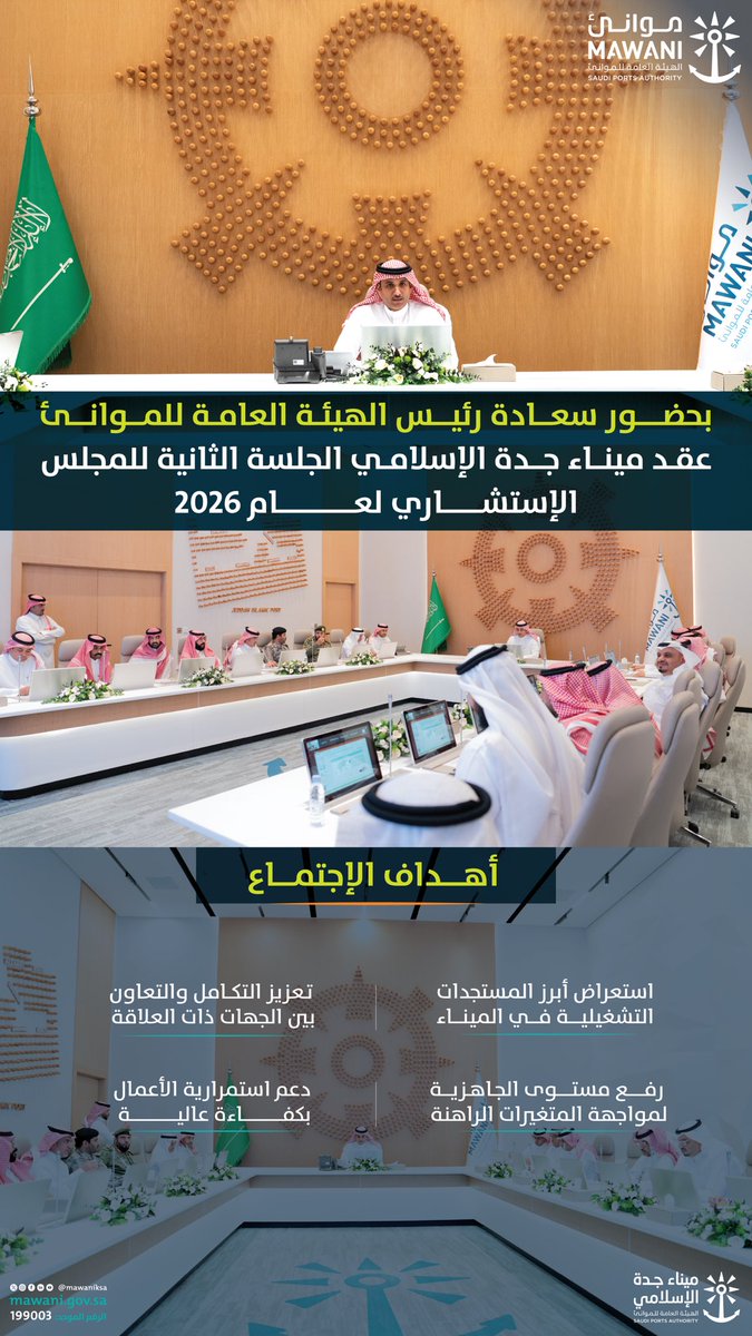MawaniKSA's tweet photo. بحضور سعادة رئيس #موانئ م. @SulimanMazroua، انعقدت الجلسة الثانية للمجلس الاستشاري بـ #ميناء_جدة_الإسلامي لعام 2026، لمراجعة المستجدات وتعزيز التكامل بين الجهات، بما يدعم جاهزية المنظومة ويرسّخ كفاءة التنسيق في ظل المتغيرات الراهنة. https://t.co/VpRpTiB0s7