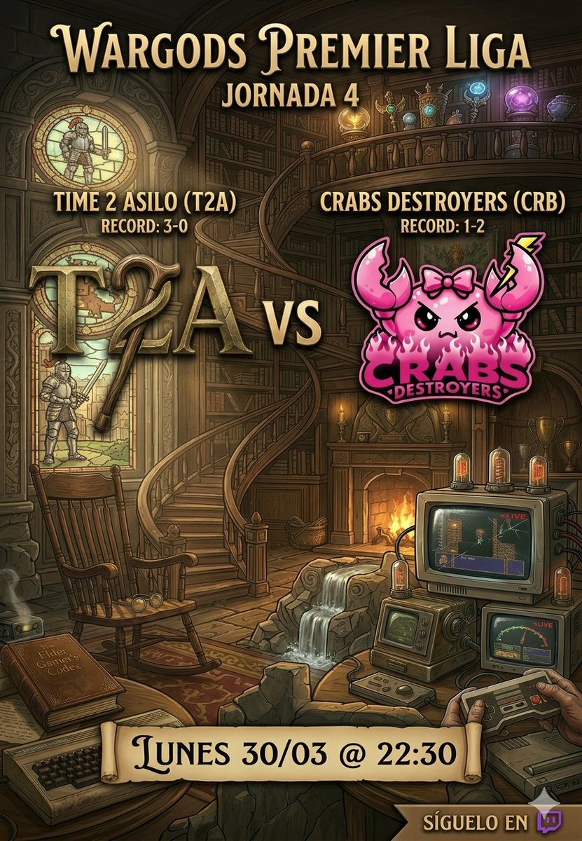 Time2WinOficial's tweet photo. Hoy arranca la jornada 4 de @WargodsPremier y podremos ver a nuestros jubilados en el primer partido

Intentaremos mantener nuestro estatus de invictos, os esperamos! 🧓🏼

🆚 Crabs Destroyers (1-2)
🗓️ Lunes 30/03 - 22:30
📺 https://t.co/DiAJNJgrKy

#T2A #Time2Asilo #WargodsPremier https://t.co/hgvzkAC357