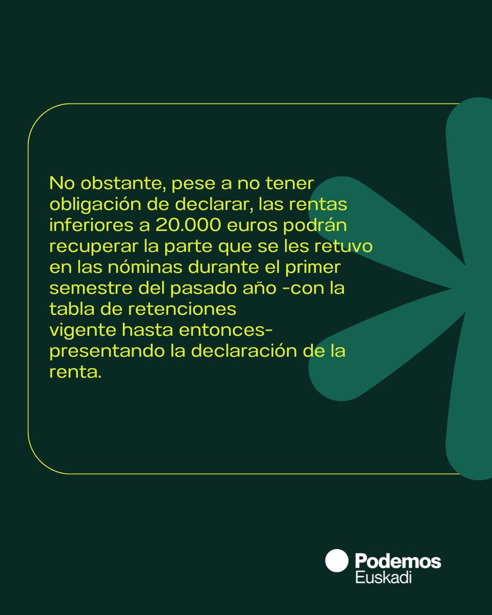 PodemosEuskadi_'s tweet photo. ���️ Importante información para la declaración de la renta.

Las rentas vascas inferiores a 20.000€ anuales no tienen la obligación de declarar. Más de 138 millones de euros que se quedan en los bolsillos de la gente que más lo necesita.

Más información: https://t.co/FSgHqJFNZ3 https://t.co/gcc9EONZ82