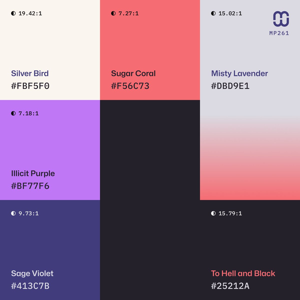 AlexCristache's tweet image. 🆕 New color palette – #MindfulPalettes no. 261 is a violet-focused palette where lavender and purple tones, are supported by coral as a warm contrast, adding tension and emphasis.

🔖 Bookmark it for your next #branding and #UIDesign projects.