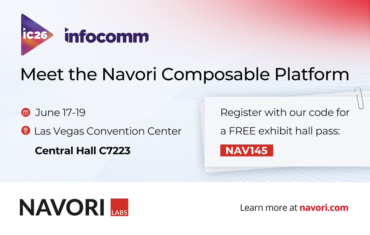 Navori's tweet photo. At Navori Labs, 28 years of expertise drive our open, composable platform.
Join us at #InfoComm2026 to see how you can connect data, automate content, and power smarter screens.
📅 June 17–19 | Booth C7223, Las Vegas
🎟️ Free pass: NAV145
👉 Book a meeting: https://t.co/bw3KlqtRZU https://t.co/xc4KwcPoUJ