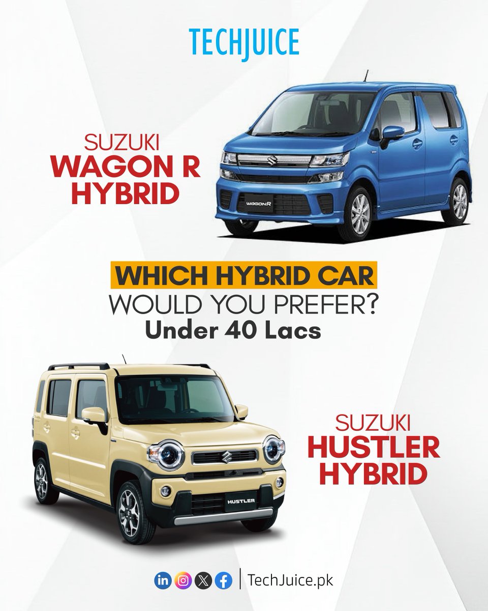 TechJuicePk's tweet image. Suzuki Wagon R Hybrid or Suzuki Hustler Hybrid, which one would you choose?
Both offer efficiency and practicality under 40 lacs, but which one suits your style and needs better?

#techjuice #cars #hybrid #suzuki #automobile