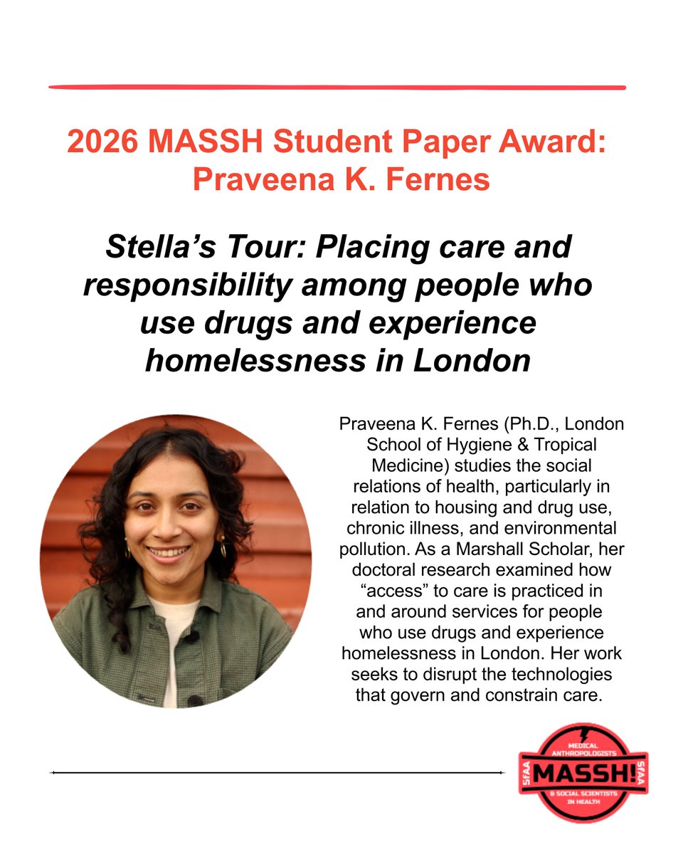 SfAAnthro's tweet image. Congratulations to Praveena K. Fernes, the 2026 MASSH Student Paper Award winner!

To learn more about the Medical Anthropologists and Social Scientists in Health (MASSH) TIG: appliedanthro.org/membership/top…

#SfAA #SocialScience #Anthropology #AppliedAnthropology #MedicalAnthropology