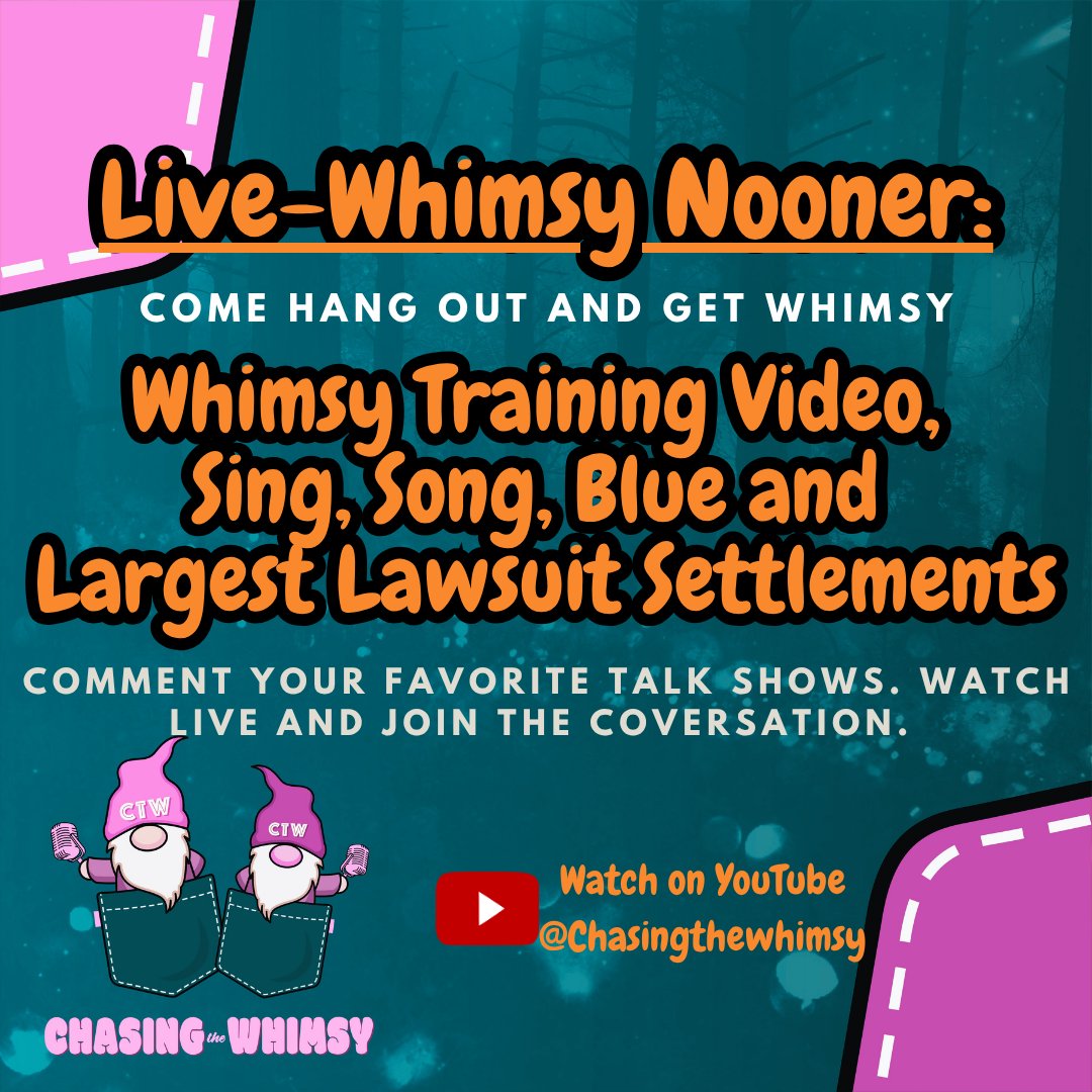 ChaseTheWhimsy's tweet image. Join us at 12 PM MST for the #WhimsyNooners event! We’ll showcase the Whimsy Training Video &amp;amp; discuss song, blue, and major lawsuit settlements. Don't miss this chance to engage &amp;amp; learn! Tune in live: youtube.com/@ChasingtheWhi… #ProfessionalDevelopment #LearningOpportunity 🎉📚✨