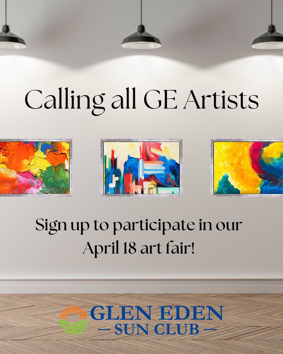 GlenEdenSunClub's tweet image. Calling all artists 🎨

The Richard Frank &amp;amp; Bob Brown Art Fair is happening April 18, 2–5 PM in Piper Hall at Glen Eden Sun Club.

Show &amp;amp; sell your original work—sign up in the office to reserve your spot. Refreshments served!

#ArtFair #GlenEden