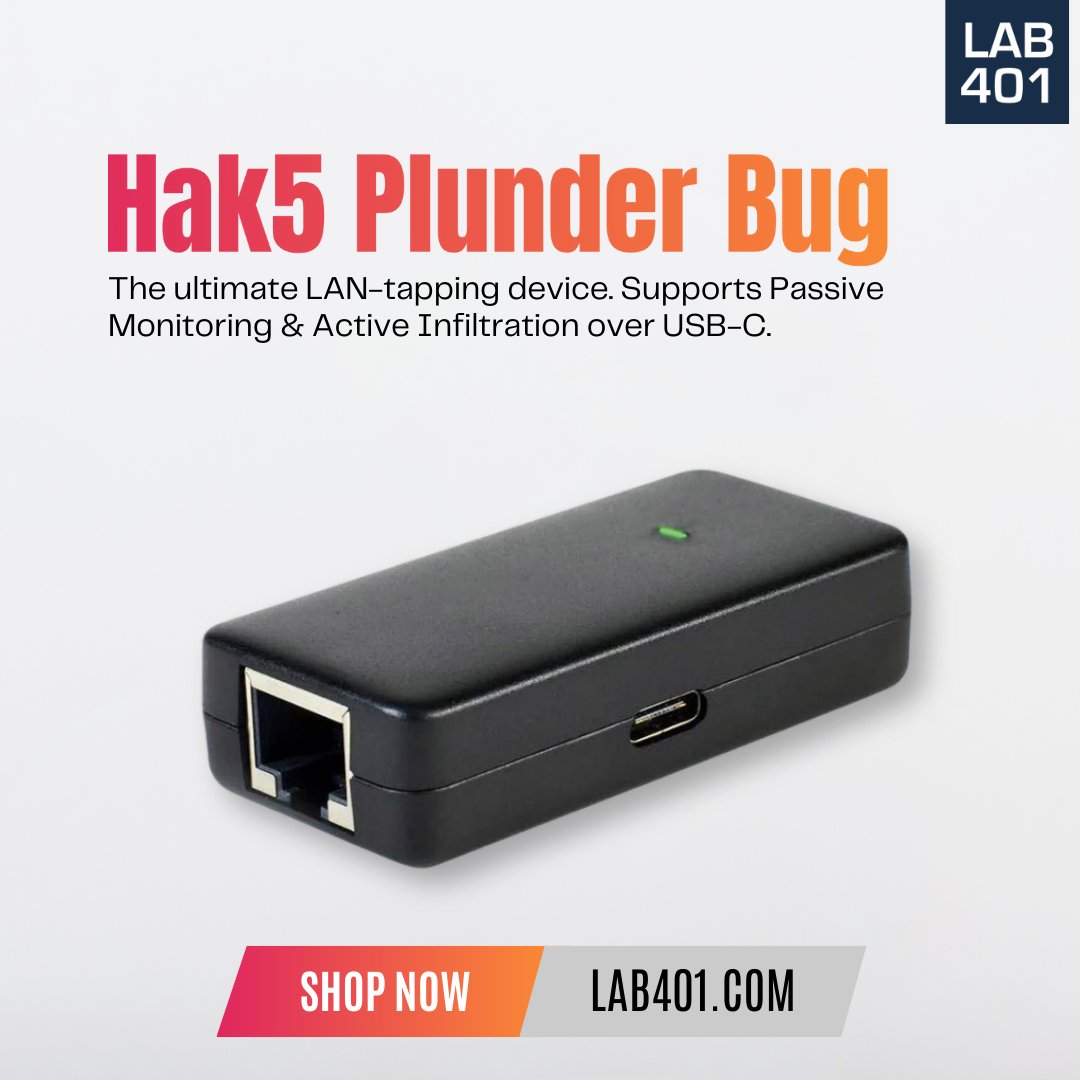 Lab_401's tweet image. The Hak5 Plunder Bug is a compact, advanced LAN/Ethernet Tap ⚡ Works as a mini-switch for passive monitoring and active engagement via USB-C, bundled with an Android Root app for packet capture 📡 l.lab401.com/njLKV 
#Hak5 #Ethernet #Pentest #PlunderBug #Lab401
