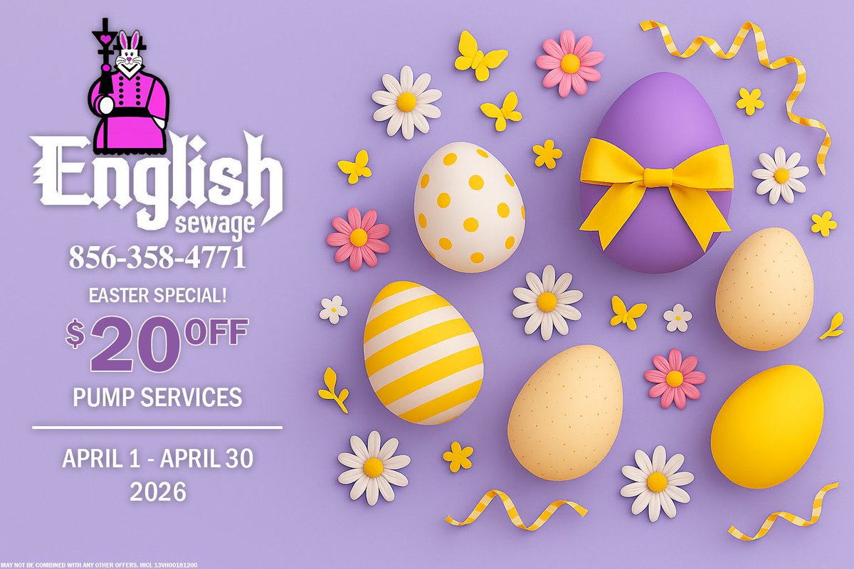 EnglishSeptic's tweet photo. Spring weather ✔️
Easter plans ✔️
Septic system up to date ❓

Now’s a good time to handle it. Use our $20 off septic pumping/pump services coupon and schedule today.

📞856‑358‑4771
 🔗 https://t.co/AXvhfAm3RX https://t.co/JMNlOQ1PQk