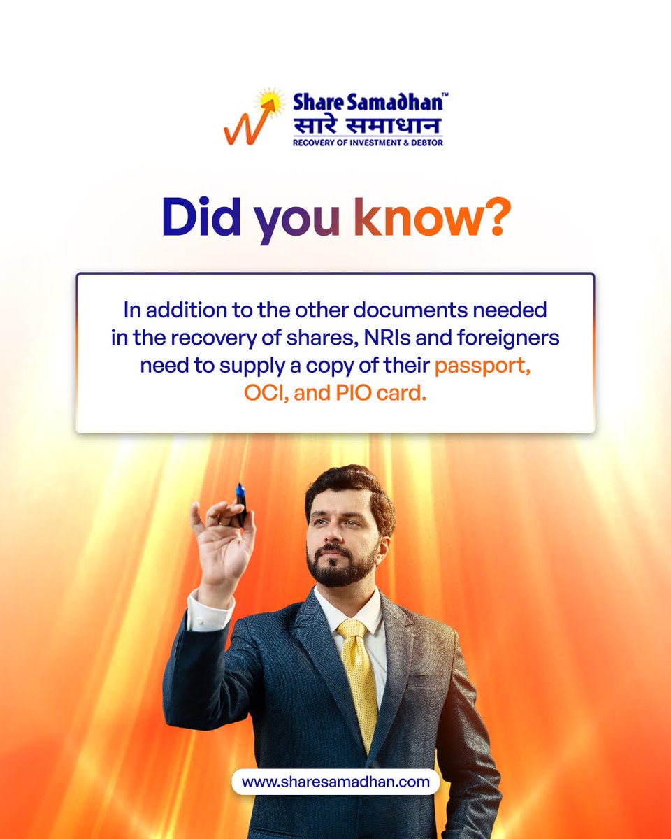 NRIs need to supply 3 additional documents for a faster recovery process. The documents are:

- A copy of their passport
- OCI card
- PIO card   

🌐sharesamadhan.com/nri-samadhan

#NRIInvestments #UnclaimedShares #IEPF #FinancialRecovery #ClaimYourMoney #ShareSamadhan