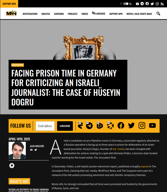 HannahStasi's tweet photo. @n1ckism @PabloIglesias 7/ #MintPress et #TheGrayZone, deux portails #conspirationnistes anglophones, ont joué un grand rôle dans la diffusion de fausses informations concernant @n1ckism, bien au-delà de l'Oder et du Rhin. Ci-dessous #MintPress 👇
cc @conspiration https://t.co/PUbBMMEOtj