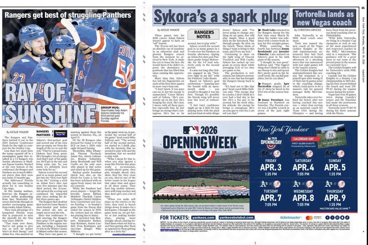 MollieeWalkerr's tweet photo. #NYR spread in today’s @nypost ahead of day off ⬇️

Rangers top Panthers ➡️ https://t.co/FIqHNp2i2M
Adam Sýkora a ray of sunshine in a gloomy season ➡️ https://t.co/gQpajFLu86
John Tortorella named Golden Knights coach ➡️ https://t.co/8ikOQWeUBE https://t.co/PjwAYJ0Pke