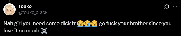 lostf97's tweet photo. @fluffykitten411 @lishensspring I had this bitch tell me to fuck my brother because I called her a hyprocrite for still playing the game she hates so much 😂 https://t.co/FEh26YbPmJ