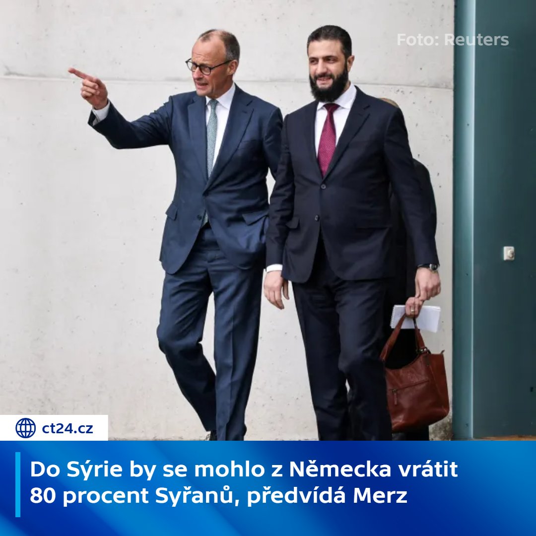 CT24zive's tweet image. Do Sýrie by se mělo v příštích třech letech vrátit 80 procent Syřanů žijících nyní v Německu. Po jednání s prozatímním syrským prezidentem Ahmadem Šaráem to oznámil německý kancléř Friedrich Merz.

💬 Spolková republika má dle něj zájem na tom, aby v zemi zůstali dobře