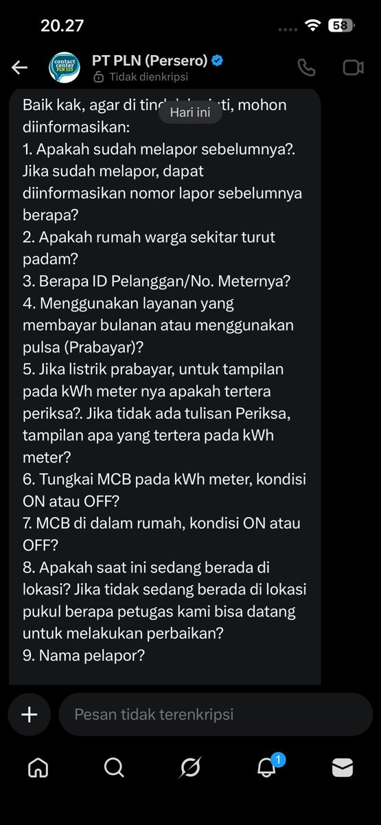 dinsck's tweet photo. @pln_123 Jirrr.. sekarang ribet bgt laporan listrik bermasalah ya, padahal kalo no 2 udh di jawab iya ga perlu rentetan pertanyaan lg harusnya kan? 🙃 https://t.co/qEvZvR3fyn