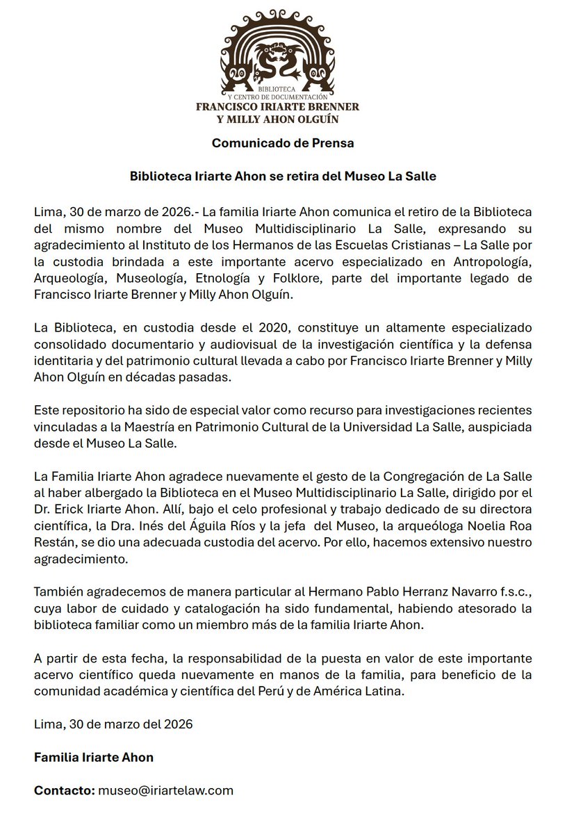 Comunicado de la Familia Iriarte Ahon sobre el retiro de la Biblioteca Iriarte Ahon del Museo La Salle.