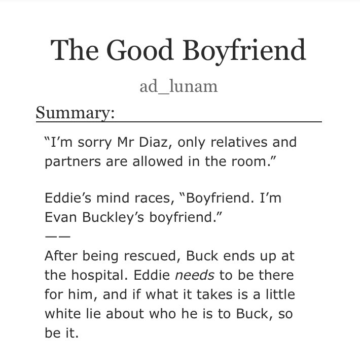ad_Iunam's tweet photo. The Good Boyfriend

- #buddie fic 
- post 9x13
- eddie tells everyone at the hospital he’s buck’s boyfriend 
- buck likes that 
- confession, getting together, buck flirts even when he’s half dead 
- the nurse is all of us  

🔗 https://t.co/G64Rzo1Gmi https://t.co/BqDZuYuQSU
