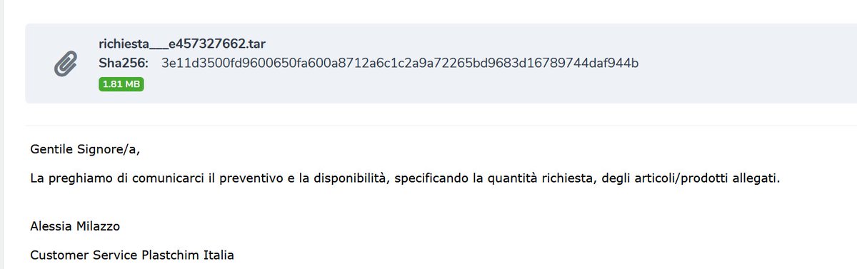 JAMESWT_WT's tweet image. "URGENTE/richiesta/preventivo"
spam italy spread #AgentTesla

Samples
bazaar.abuse.ch/browse/tag/sat…

AnyRun
app.any.run/tasks/57e0b9c1…

ExFil
FTP
⛔️ftp.crescentegramas.]com.]br
User
sativagina@crescentegramas.]com.]br