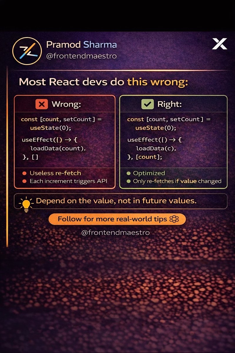 Most React devs fetch data like this…

And wonder why APIs get hammered.

The problem isn’t fetching.

It’s when you trigger it.

Follow for real frontend lessons 👊

#ReactJS #Frontend