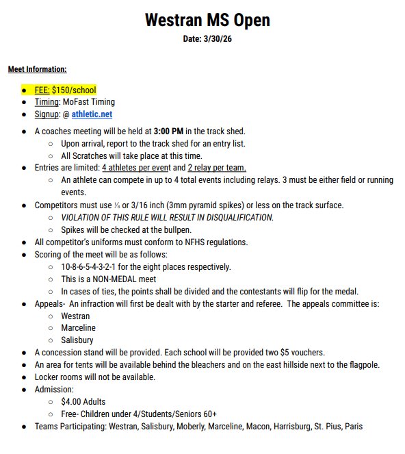 Harrisburgath's tweet photo. Here is information regarding the Westran Open for our Harrisburg MS T&amp;F teams. 

@HburgBoosters @TheSteveCombs @CoachAckman @MBlakeLogan @DGP_Geisler @b_claas @Whitfam8 @HarrisburgTF https://t.co/01GtsBsLwf