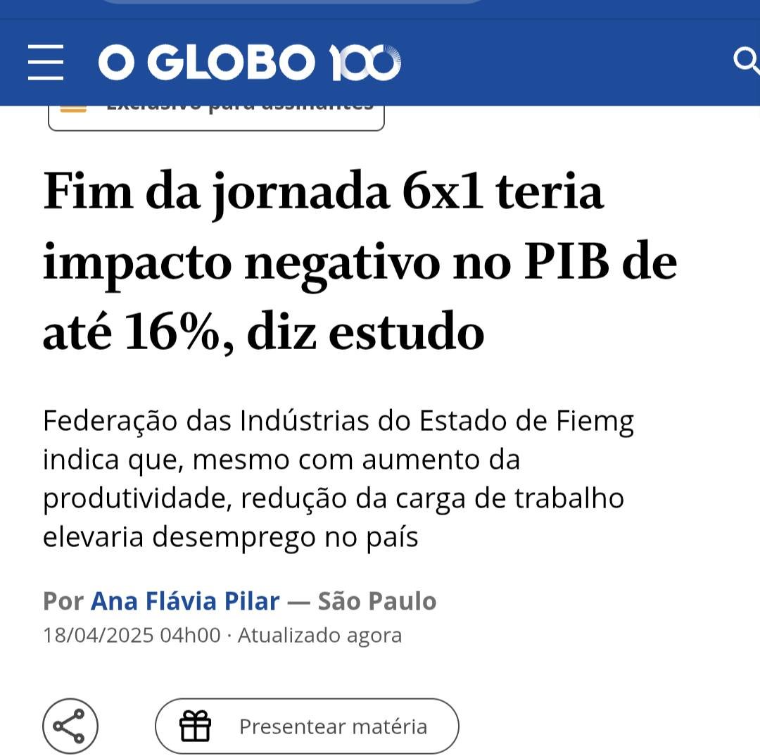 Bom dia.

Essa semana tem feriado.
O mundo não vai acabar.

Fim da escala 6x1 é possível e não vai quebrar o país. Assim como o 13º não quebrou o país.

Mas a burguesia mentiu e segue mentindo pra continuar explorando o povo.