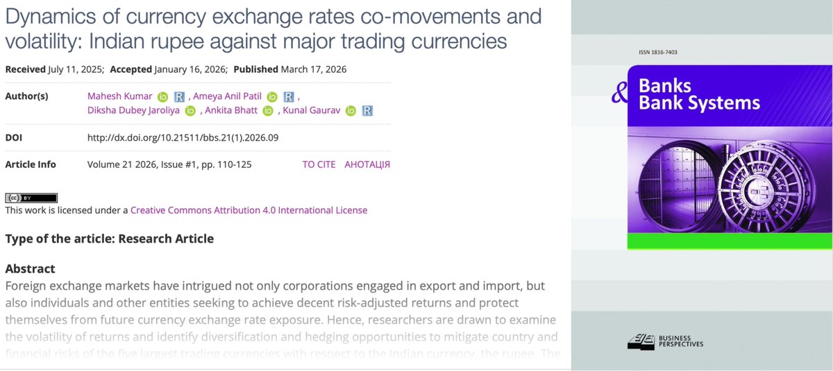 BBS_Journal's tweet photo. https://t.co/rzStNdhub9
Dynamics of currency exchange rates co-movements and volatility: Indian rupee against major trading currencies
Mahesh Kumar, Ameya Anil Patil, Diksha Dubey Jaroliya, Ankita Bhatt and Kunal Gaurav https://t.co/k3mDEYAfbN