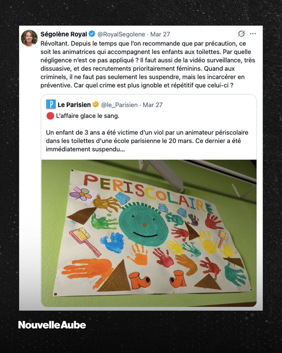 nouvelleaubefr's tweet image. Ségolène #Royal a dénoncé l’agression sexuelle d’un #enfant de 3 ans dans une #maternelle parisienne, réclamant la vidéosurveillance, le recrutement prioritaire de femmes et la détention provisoire systématique des auteurs.