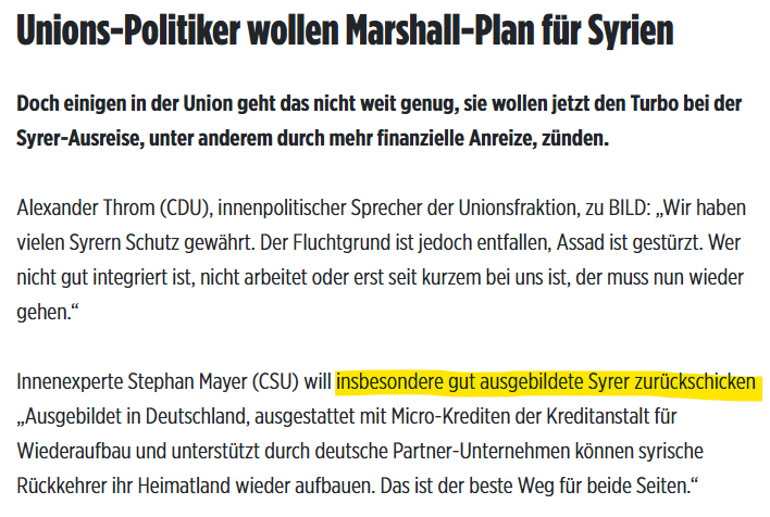 Nur um das festzuhalten. Die <a href="/CSU/">CSU</a> will *insbesondere* gut ausgebildete Syrer zurückschicken. 🤡
INSBESONDERE!