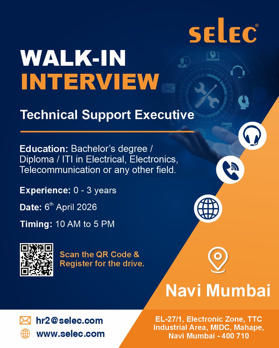 SelecControls's tweet photo. Walk-In Interview Alert! We are looking for Technical Support Executives to join us!

https://t.co/yUBCPw6Wu3

#Hiring #FreshersJobs #EngineeringJobs #Recruitment #ElectricalEngineering #Jobs2026 #TechSupport #JobOpening #ITIJobs #DiplomaJobs  #NaviMumbaiJobs #WalkInInterview https://t.co/sQeXli9XfF