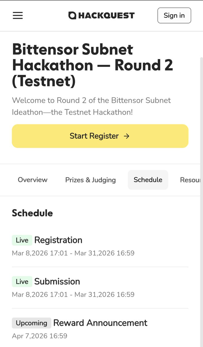 SubnetSummerTAO's tweet photo. Bittensor Subnet Hackathon Round 2 – Final 24 Hours

The submission window for Bittensor Subnet Hackathon Round 2 closes tomorrow, March 31, 2026.

In this execution phase, both the top 7 teams and the honorable mentions from Round 1 have been developing and deploying functional subnet prototypes on the Bittensor testnet. These teams have worked to transform their innovative concepts into operational solutions that demonstrate real value within Bittensor’s decentralized machine intelligence network.

Round 1: focused on ideation, including subnet architecture, incentive mechanisms, miner-validator dynamics, and sustainability strategies. 

Round 2: required participants to implement these ideas in a live testnet environment, testing performance, technical feasibility, and alignment with Bittensor’s market-driven model.

Prize Pool and Opportunities
▫️ Total prize pool: $23,000 USD
▫️ Top-performing teams will gain direct entry to @bitstarterAI , Bittensor’s subnet accelerator program
▫️ Opportunity for 1:1 pitch sessions with Opentensor Foundation leadership
▫️ Pathways to potential investment support of up to $270,000

Organized by @HackQuest_ in partnership with the @opentensor , this hackathon aims to strengthen the Bittensor ecosystem by supporting builders who are creating specialized and impactful subnets.

To all participating teams both the top 7 and honorable mentions: this is your final day to complete testing, finalize submissions, and prepare your demonstrations. We appreciate your hard work and dedication throughout the competition.

For the community following the hackathon or interested in Bittensor, we invite you to stay engaged as selected projects progress toward potential mainnet integration.

Submission deadline: March 31, 2026

Learn more: https://t.co/VnCdvopavS